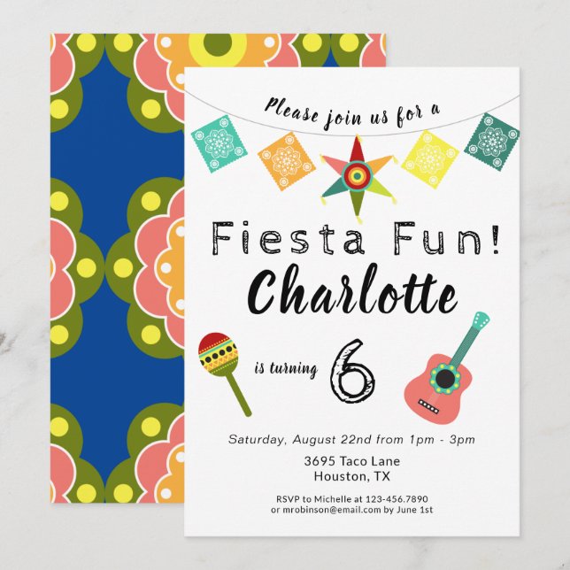 Fiesta Fun Colorful Kids Birthday Party Invitation (Front/Back)