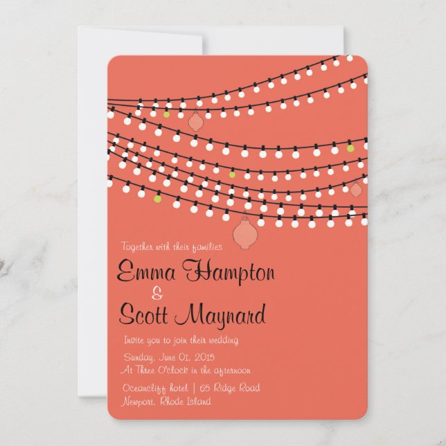 Fiesta garden lights coral wedding invitation (Front)