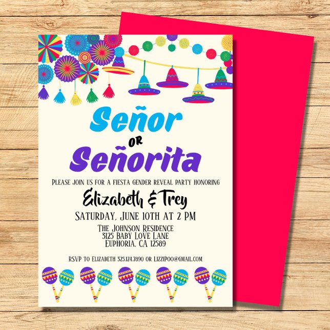 Fiesta Gender Reveal Señor or Señorita Invitation (A festive baby gender reveal party with a Mexican Inspired theme.)