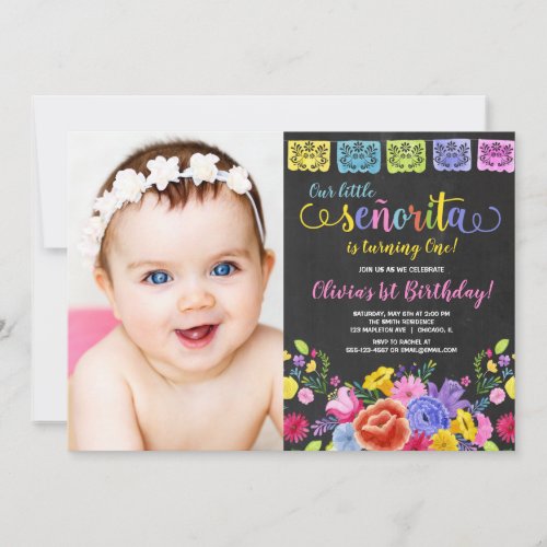Fiesta girl birthday floral watercolors photo invitation