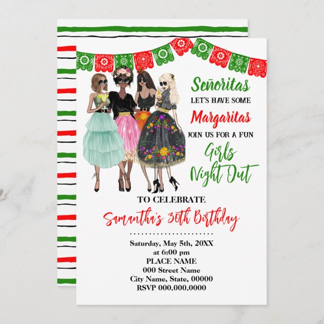Fiesta Girls Night Out Birthday Invitation (Front/Back)
