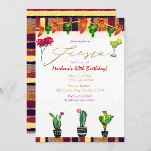 FIESTA Gold Southwest Cactus Birthday Party Invitation
