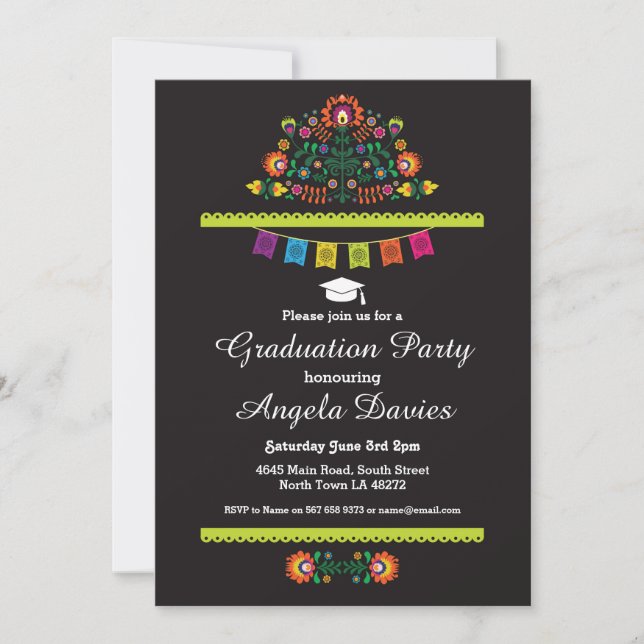 Fiesta Graduation Party Mexican Pattern Hat Invite (Front)