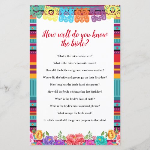 Fiesta How well do you know The Bride Game card