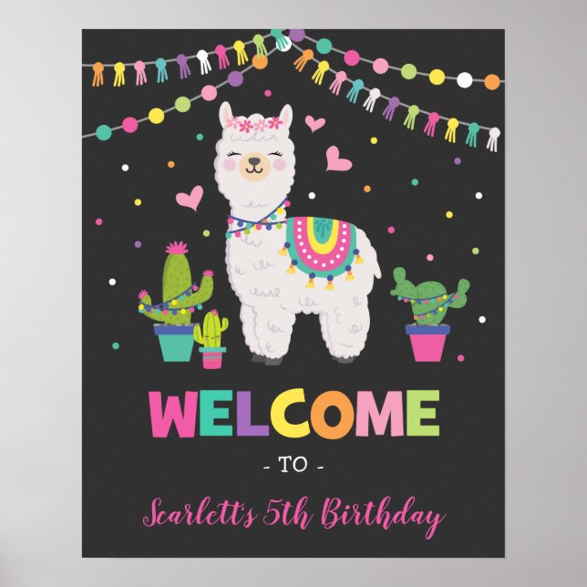 Fiesta Llama / Cactus Alpaca Mexican Birthday Poster (Front)