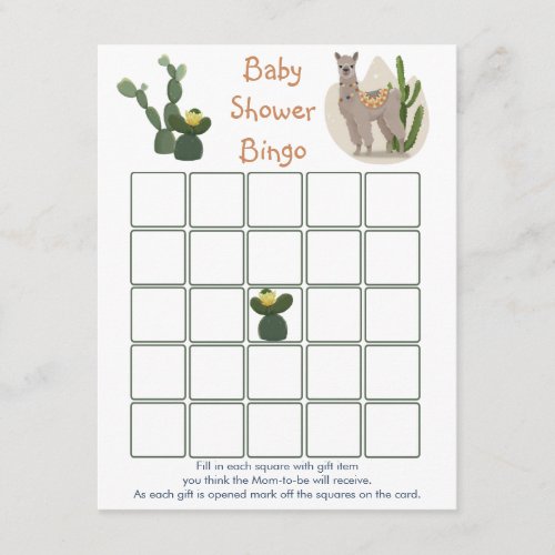 Fiesta Llama Cactus Baby Bingo Game Enclosure Card
