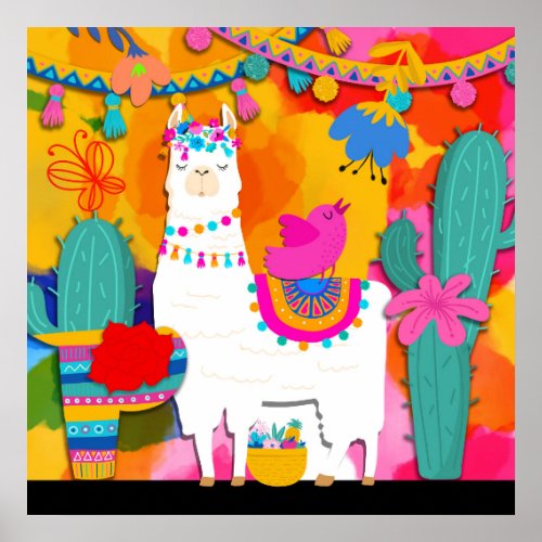 Fiesta Llama Cinco De Mayo Colorful Fun Watercolor Poster