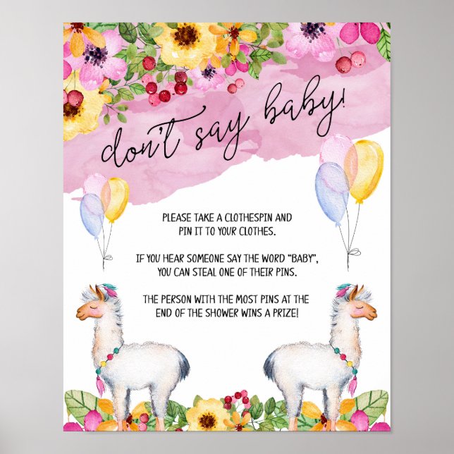 Fiesta Llama Don't Say Baby Shower Game Poster (Front)