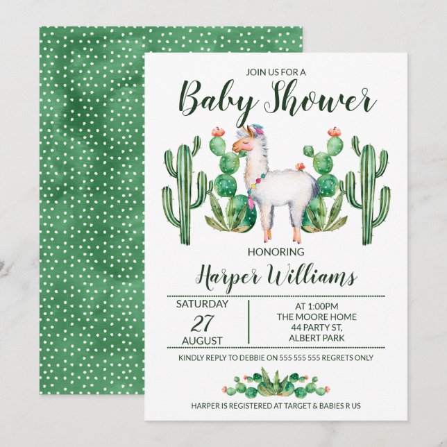 Fiesta Llama Watercolor Baby Shower Invitation (Front/Back)