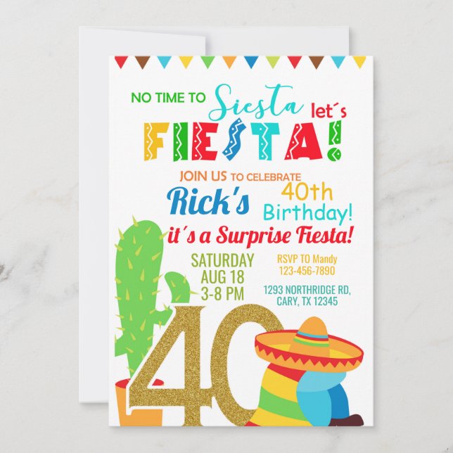 Fiesta man / male 40th birthday invitation. invita invitation (Front)