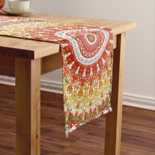 Fiesta Mandala Pattern in Red, Yellow, and Green Long Table Runner