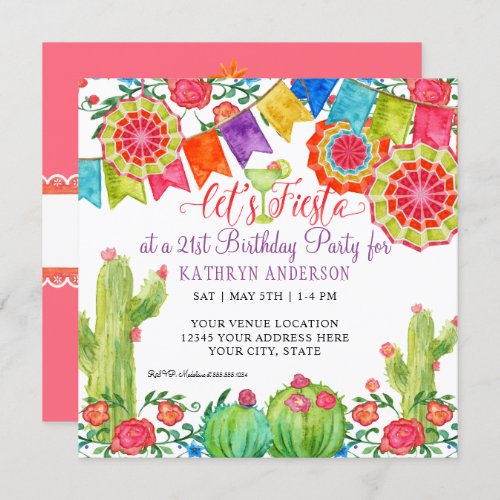 Fiesta Margarita Cactus 21st Birthday Surprise Invitation
