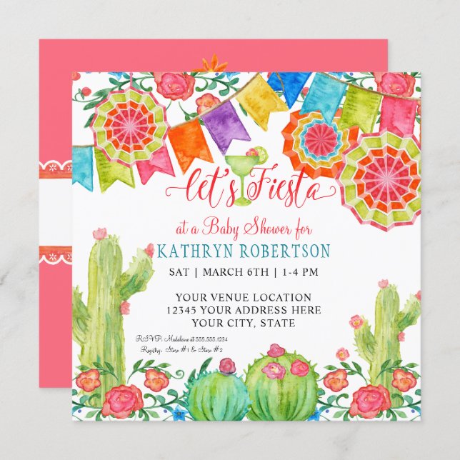 Fiesta Margarita Cactus Baby Shower Girl Paper Fan Invitation (Front/Back)