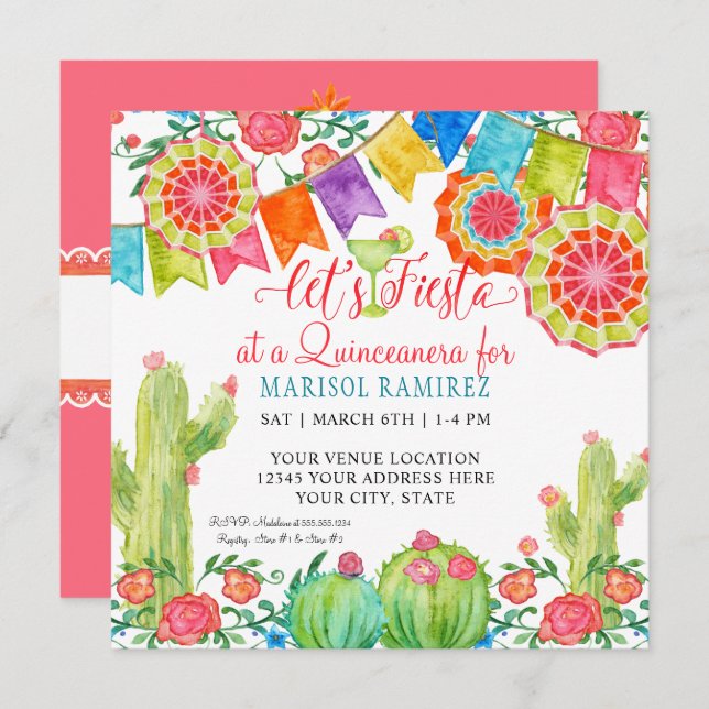 Fiesta Margarita Cactus Quince Anos Quinceanera Invitation (Front/Back)