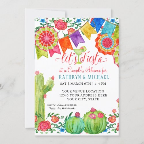 Fiesta Margarita Floral Cactus Art Couples Shower Invitation
