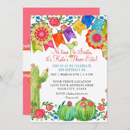 Fiesta Margarita Floral Cactus Birthday Party Invitation