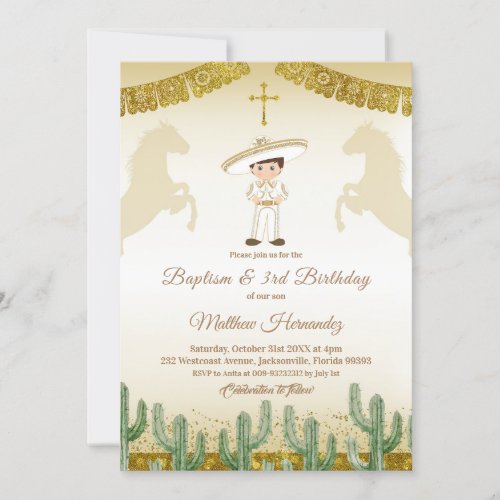 Fiesta Mexican Boy Gold Baptism  Birthday Invite