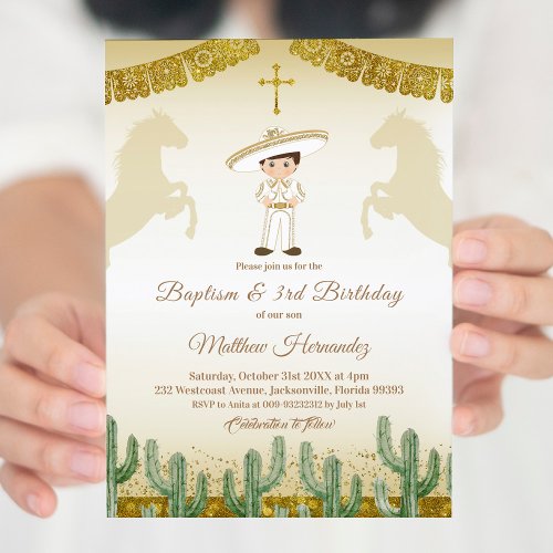 Fiesta Mexican Boy Gold Baptism  Birthday Invite