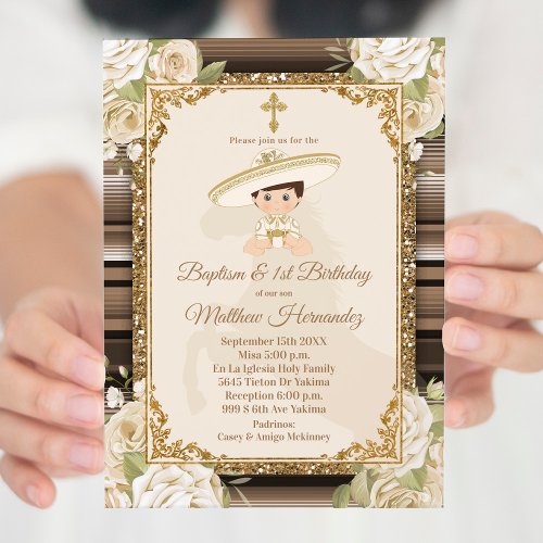 Fiesta Mexican Boy Gold Baptism  Birthday Invite