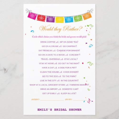 Fiesta Mexican Bridal Shower Game PRINTED