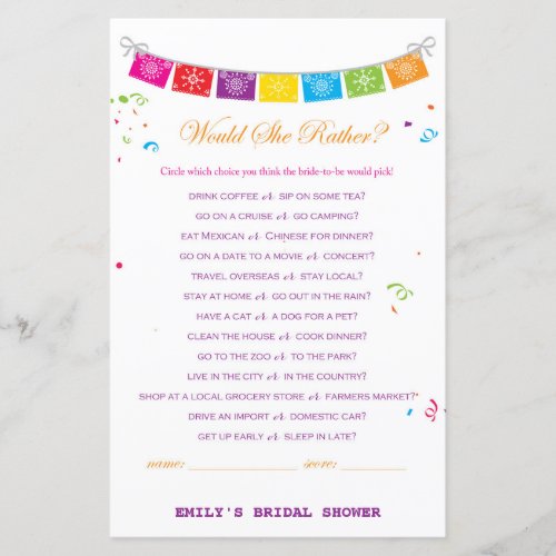 Fiesta Mexican Bridal Shower Game PRINTED