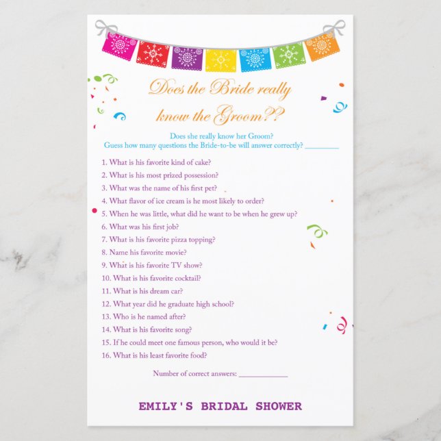Fiesta Mexican Bridal Shower Game PRINTED (Front)