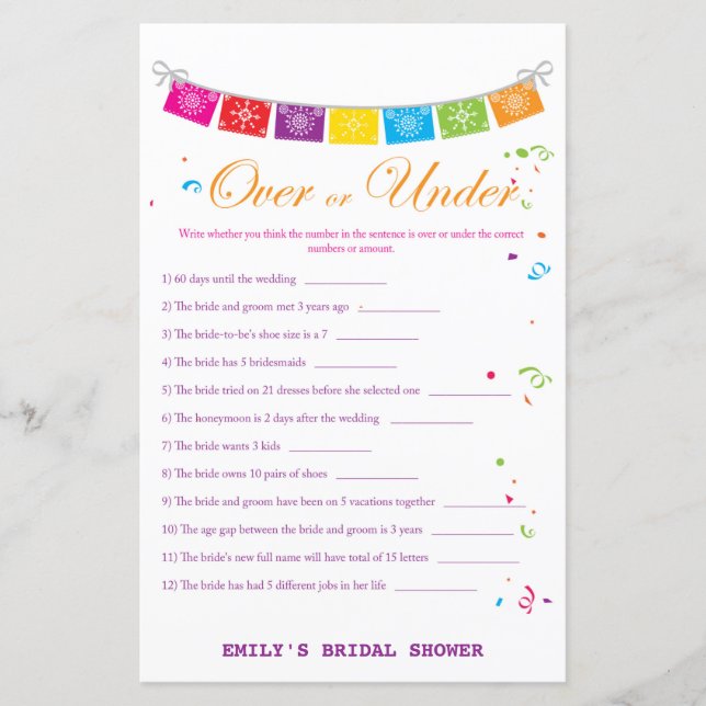 Fiesta Mexican Bridal Shower Game PRINTED (Front)