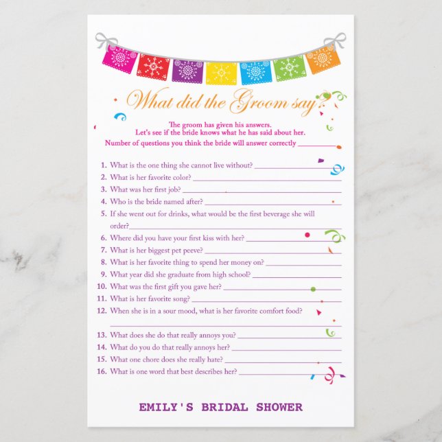 Fiesta Mexican Bridal Shower Game PRINTED (Front)