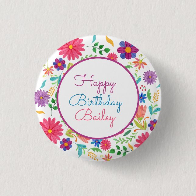 Fiesta Mexican Folk Watercolor Floral Birthday Button (Front)