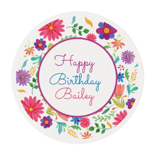 Fiesta Mexican Folk Watercolor Floral Birthday Pap Edible Frosting Rounds