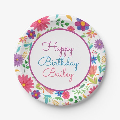 Fiesta Mexican Folk Watercolor Floral Birthday Pap Paper Plates