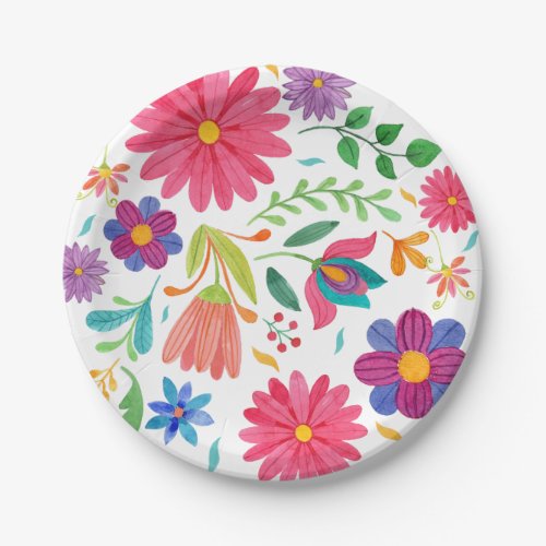 Fiesta Mexican Folk Watercolor Floral Birthday Paper Plates