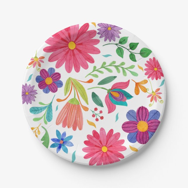 Fiesta Mexican Folk Watercolor Floral Birthday Paper Plates (Front)