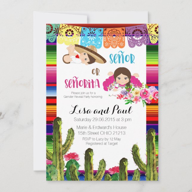 Fiesta Mexican Gender Reveal Baby Shower Invite (Front)