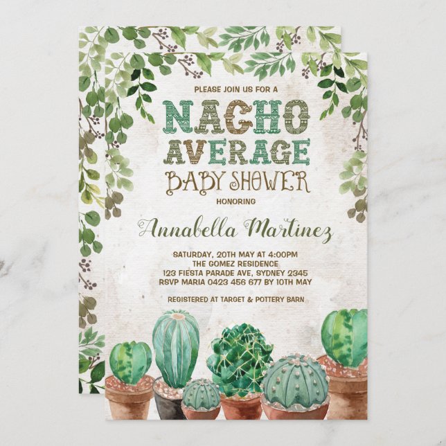 Fiesta Nacho Average Baby Shower Cactus Invite (Front/Back)