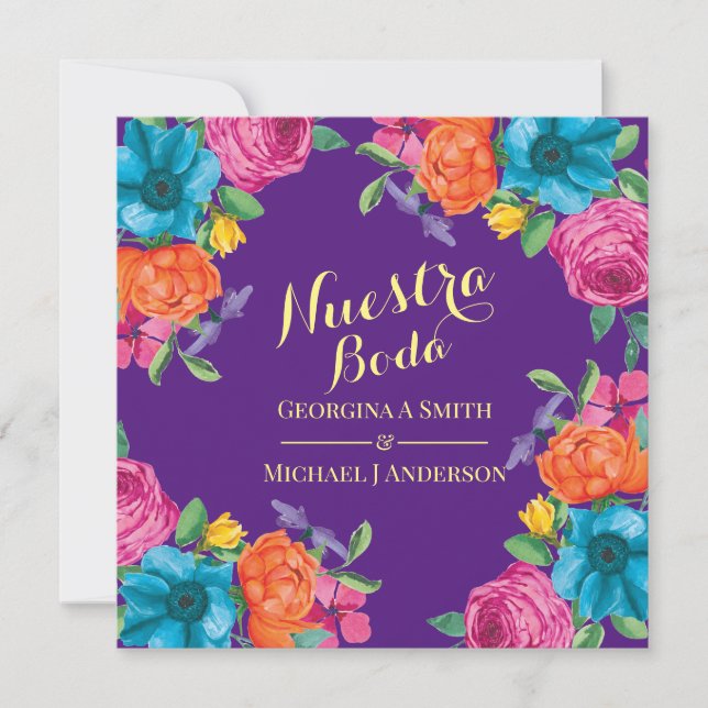 Fiesta Nuestra Boda Purple Orange Pink Flowers Invitation (Front)