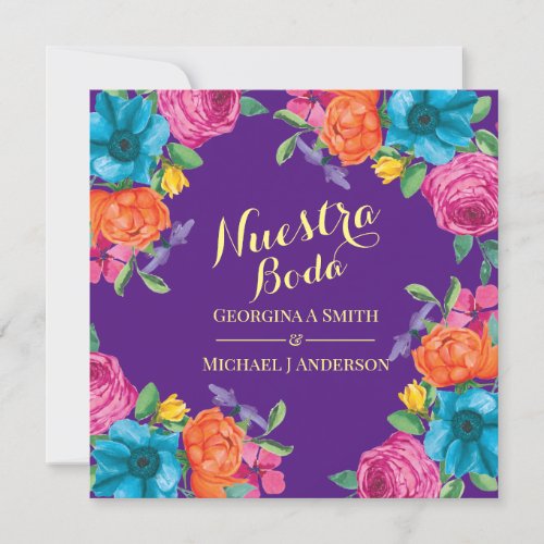 Fiesta Nuestra Boda Purple Orange Pink Flowers Invitation