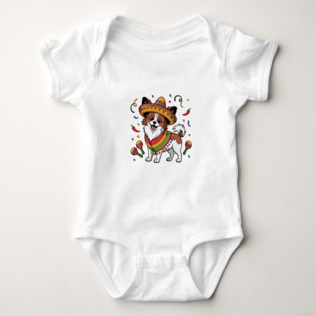 Fiesta Papillon Dog Wearing Sombrero and Sarape Baby Bodysuit (Front)