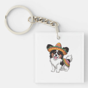 Fiesta Papillon Dog Wearing Sombrero and Sarape Keychain