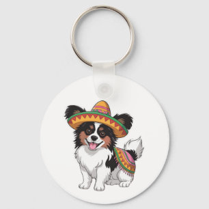 Fiesta Papillon Dog Wearing Sombrero and Sarape Keychain