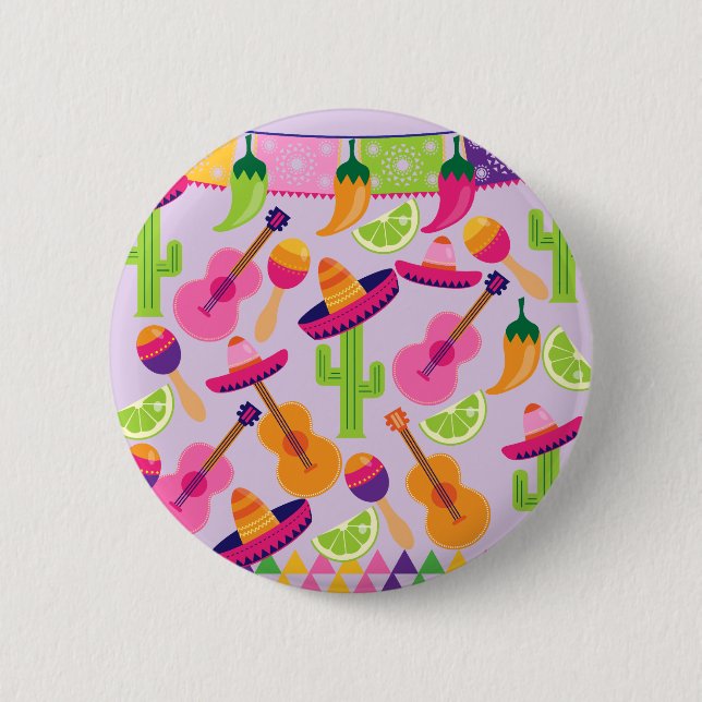 Fiesta Party Sombrero Cactus Limes Peppers Maracas Button (Front)