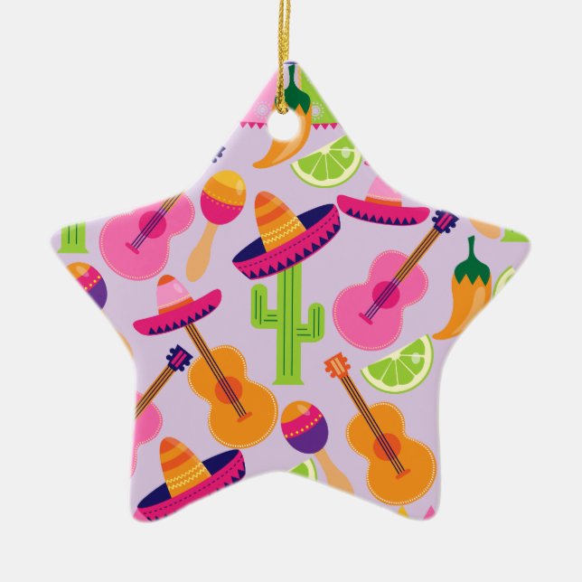 Fiesta Party Sombrero Cactus Limes Peppers Maracas Ceramic Ornament (Front)