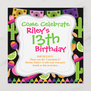 Fiesta Party Sombrero Cactus Limes Peppers Maracas Invitation