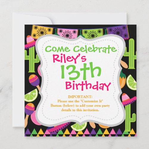 Fiesta Party Sombrero Cactus Limes Peppers Maracas Personalized Invite