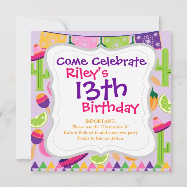 Fiesta Party Sombrero Cactus Limes Peppers Maracas Invitation (Front)
