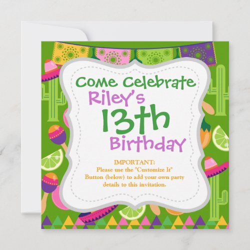 Fiesta Party Sombrero Cactus Limes Peppers Maracas Invitations