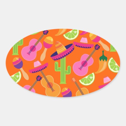 Fiesta Party Sombrero Cactus Limes Peppers Maracas Oval Sticker