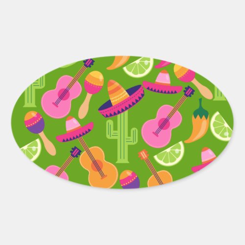 Fiesta Party Sombrero Cactus Limes Peppers Maracas Oval Sticker