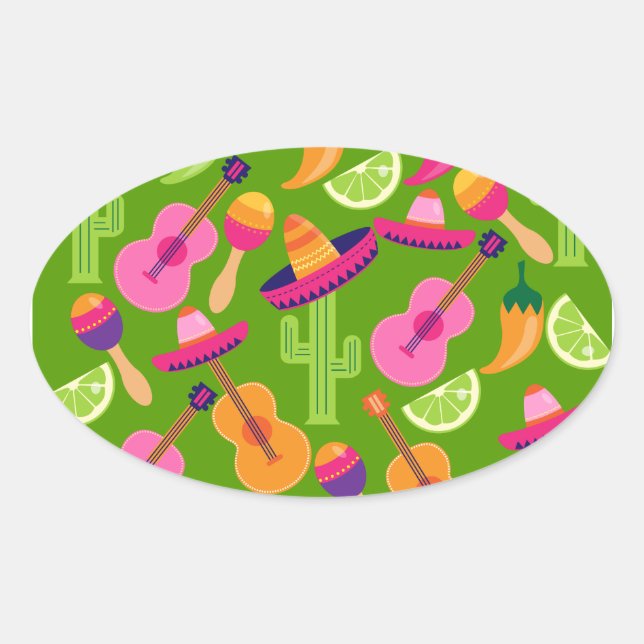 Fiesta Party Sombrero Cactus Limes Peppers Maracas Oval Sticker (Front)