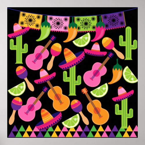 Fiesta Party Sombrero Cactus Limes Peppers Maracas Poster
